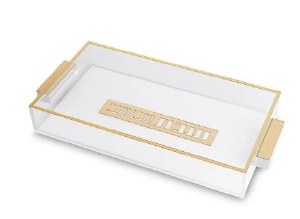 Picture of Lucite Rectangle Challah Bread Tray Gold Handles 7" x 13"